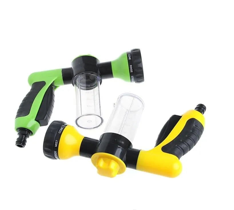 Green high-pressure foam spray gun with adjustable nozzle for car washing and garden cleaning