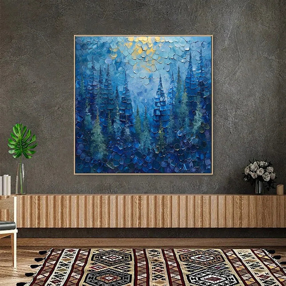 Blue mysterious forest tree oil painting hand painted on canvas square abstract landscape art