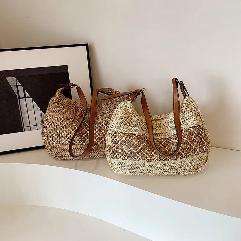 Women's straw cross body bag in horizontal square shape with sandwich pocket, khaki colour option