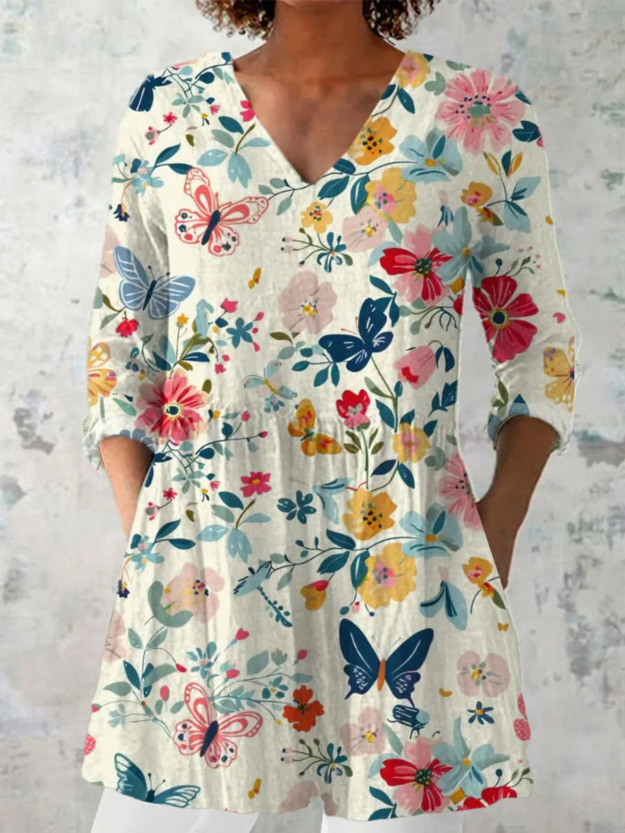 Women's retro slim fit printed long-sleeved top in a digital print design, shown on a model.