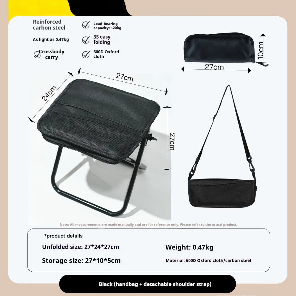 Compact foldable outdoor stool in khaki colour with oxford cloth seat, shown in folded and unfolded states.