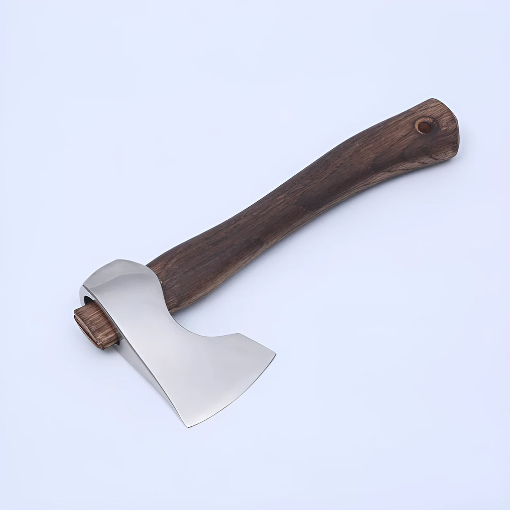 Camping axe with wooden handle and high carbon steel head showing dimensions