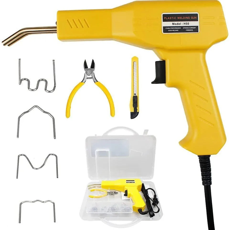 Red plastic welding gun host with pure copper transformer, 4 types of nails, pliers knife and black plastic box for bumper repair
