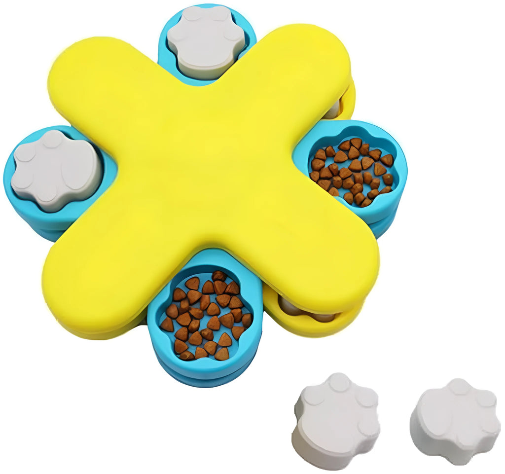 Yellow three-layer rotating dog puzzle feeder with claw-shaped lids and anti-slip base