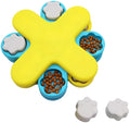 Yellow three-layer rotating dog puzzle feeder with claw-shaped lids and anti-slip base
