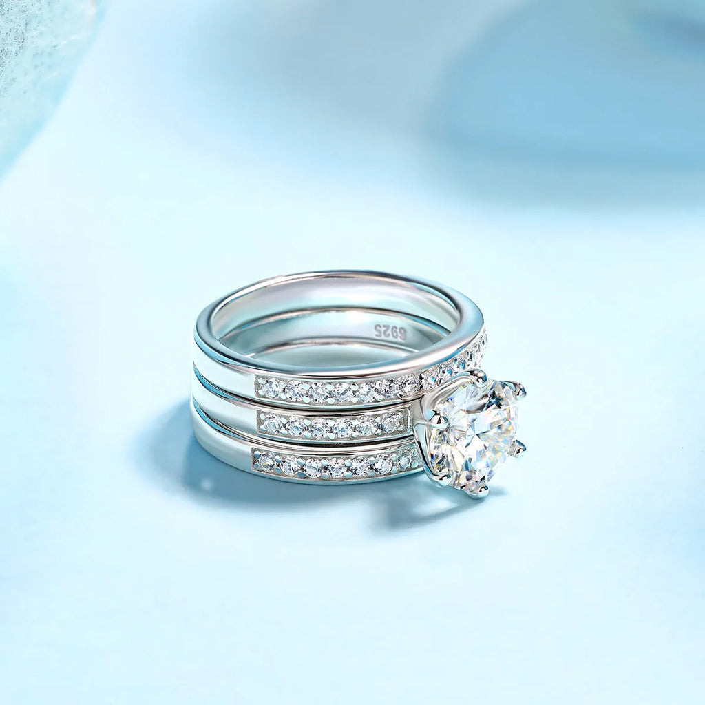 2 carat moissanite wedding ring set in S925 silver with platinum plating, sizes 5 to 9, gift box