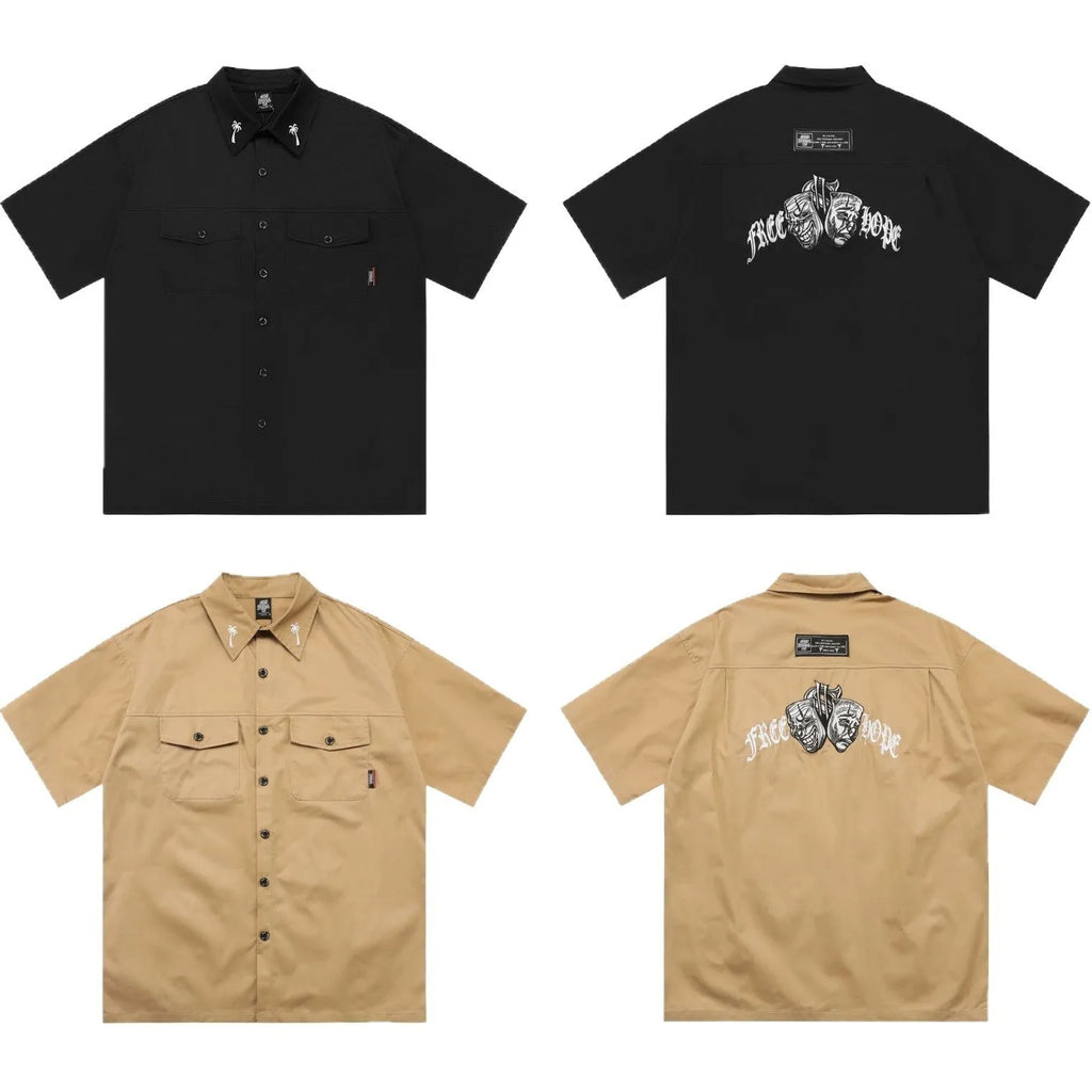 Men's black cotton blend half sleeve shirt with embroidered detailing and pocket