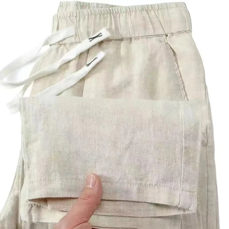 Chinese style linen blend trousers with drawstring waist in straight leg design
