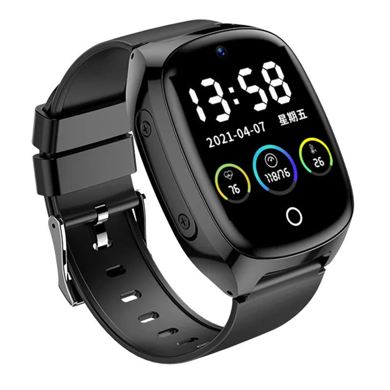 Black GPS tracker smartwatch with 1.54-inch touch screen and SOS button