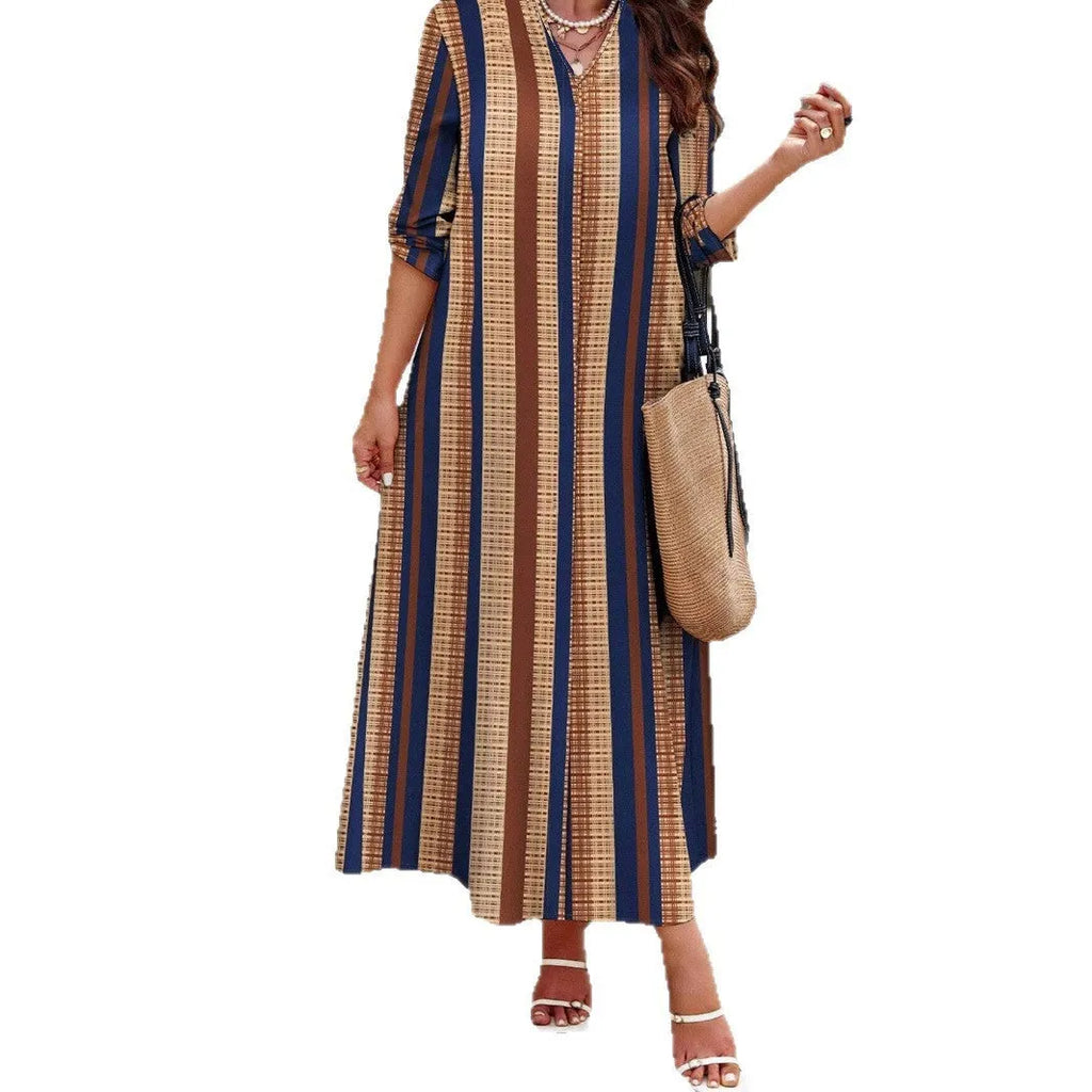 Camel coloured vertical striped V-neck knitted long dress with A-line silhouette on hanger