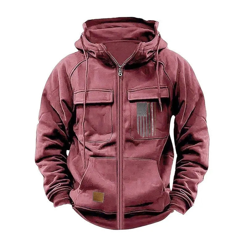 Men's loose fit hooded sweatshirt with zip, long sleeves, polyester fabric, available in multiple colours