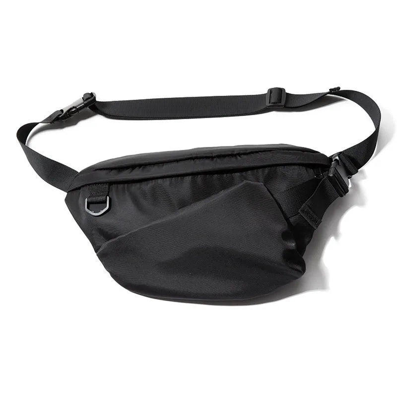 Black men's Oxford fabric chest bag with visible stitching, worn across the chest.