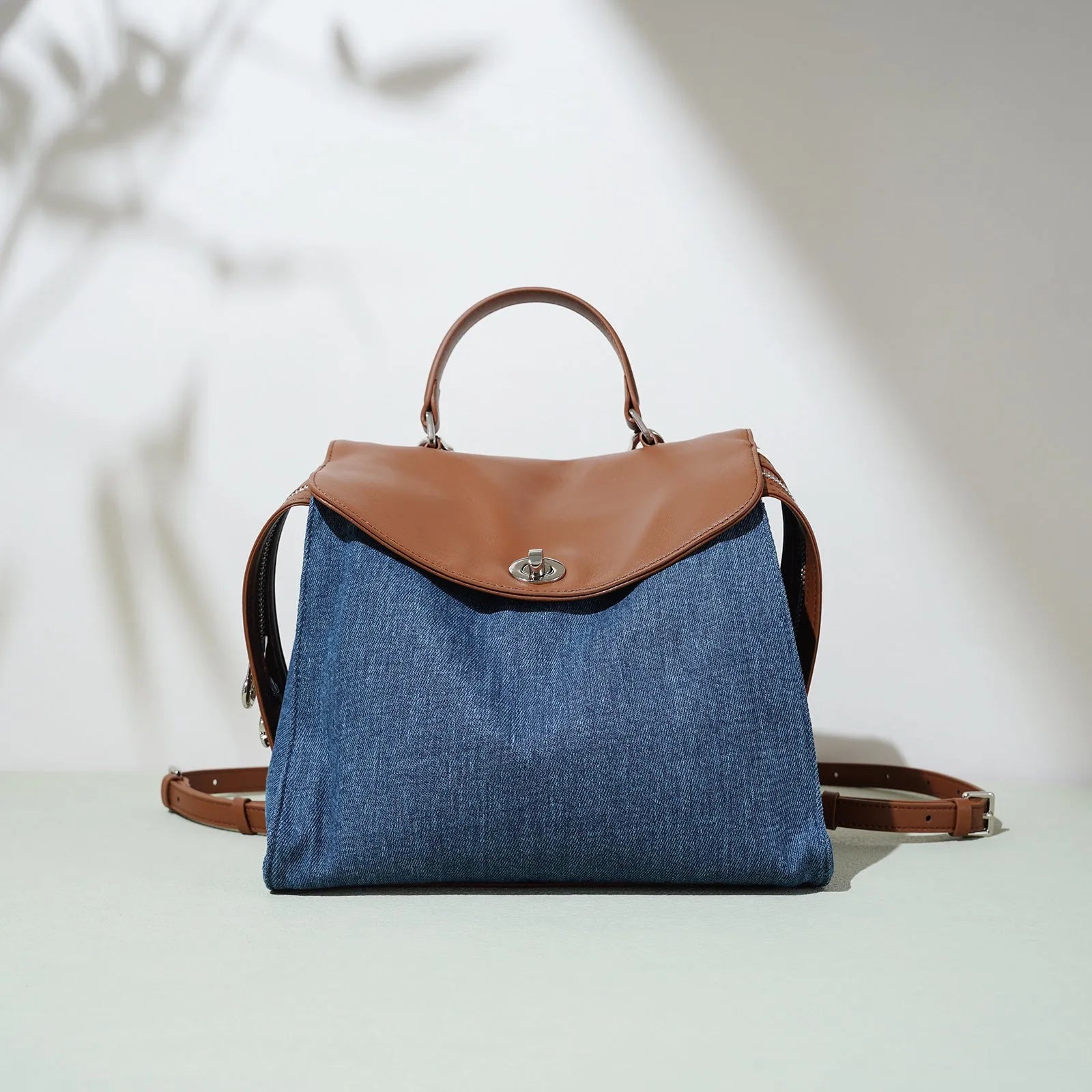 Blue denim Korean style lazy backpack with first layer cowhide trim clamshell opening