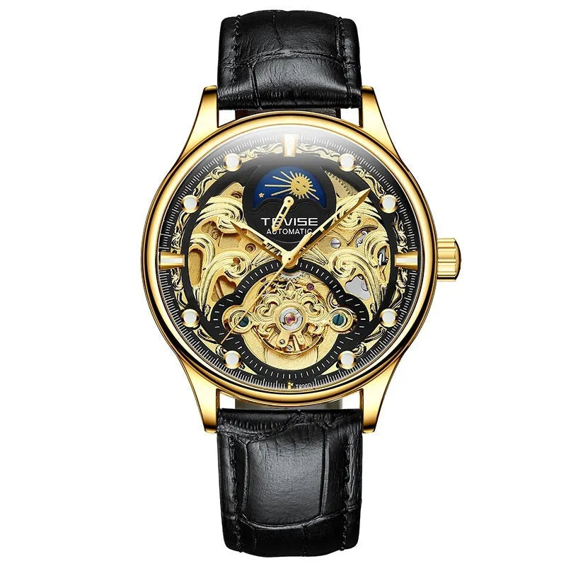 Men's gold leather strap automatic waterproof business watch with 16mm case.