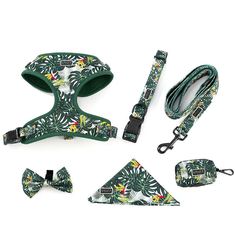 Adjustable cloth vest dog harness set with leash, collar, waste bag, bow tie, and bib in multiple colours