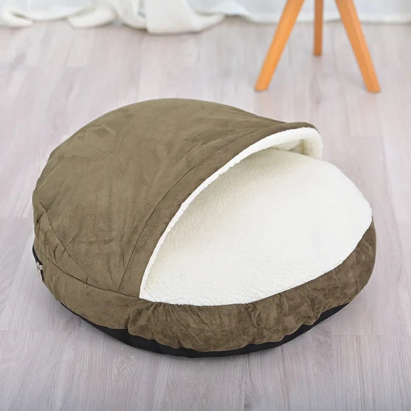 Brown removable cloth dog kennel bed shown next to a grey one, both soft-sided indoor crates for dogs.