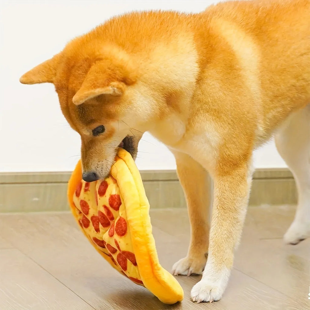 Yellow pizza slice shaped dog chew toy with teddy bear fabric and squeaker for small dogs