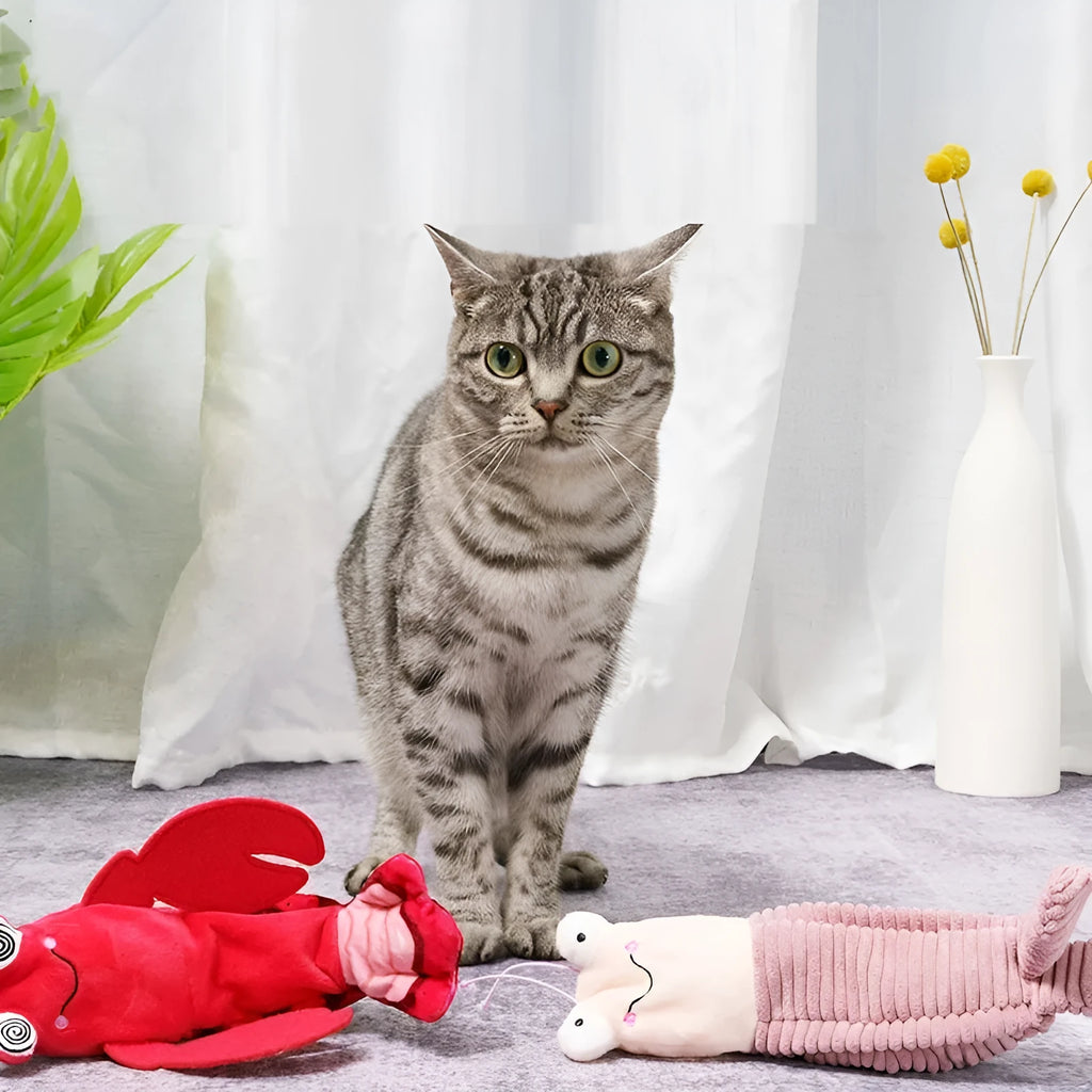 Plush electric automatic cat toy with intelligent start-stop, 24x19x6cm, in Shrimp or Lobster design