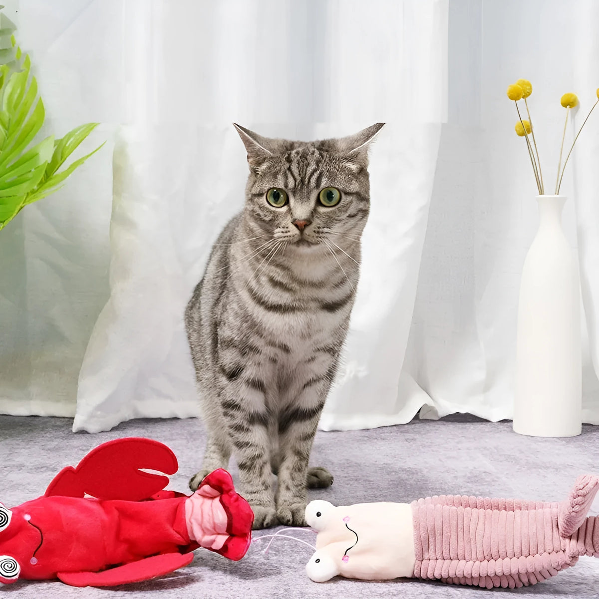 Plush electric automatic cat toy with intelligent start-stop, 24x19x6cm, in Shrimp or Lobster design