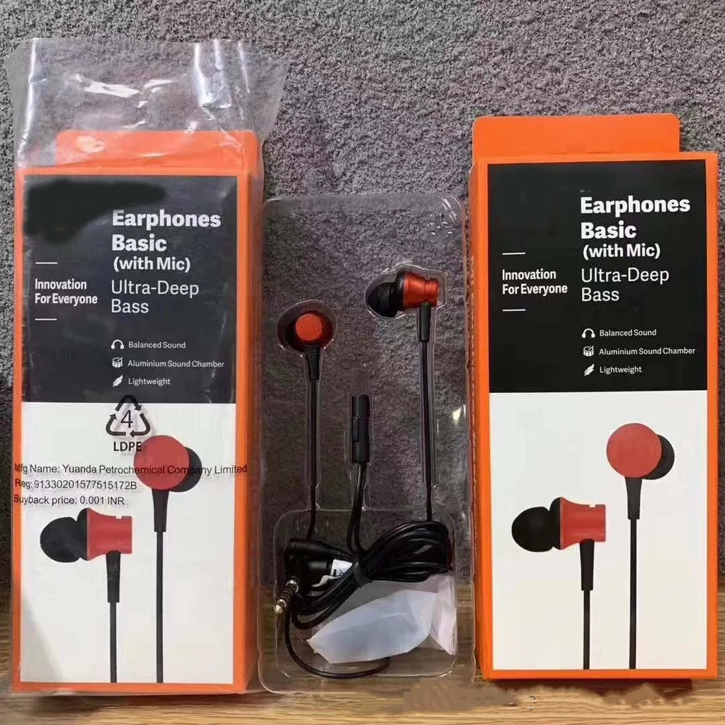 Piston-style in-ear wired headphones with 3.5mm audio jack in black, blue, and red colour options