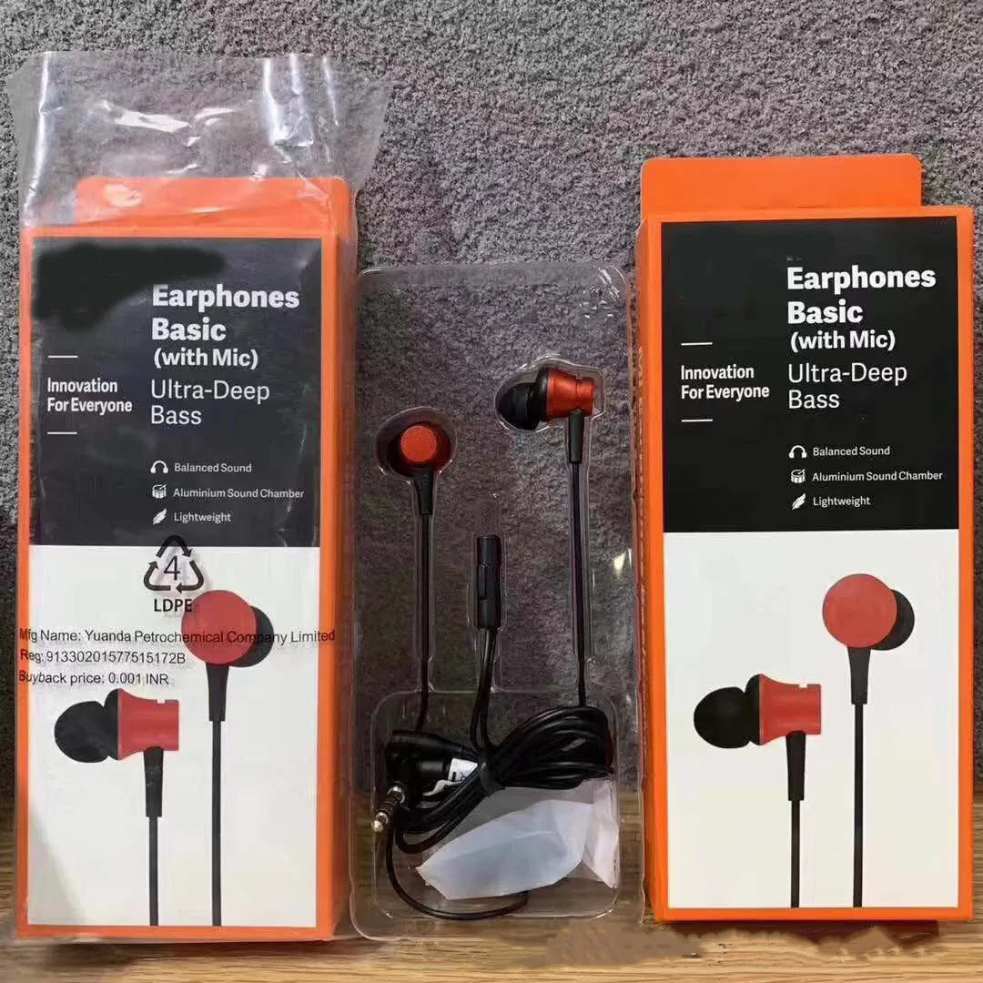 Piston-style in-ear wired headphones with 3.5mm audio jack in black, blue, and red colour options