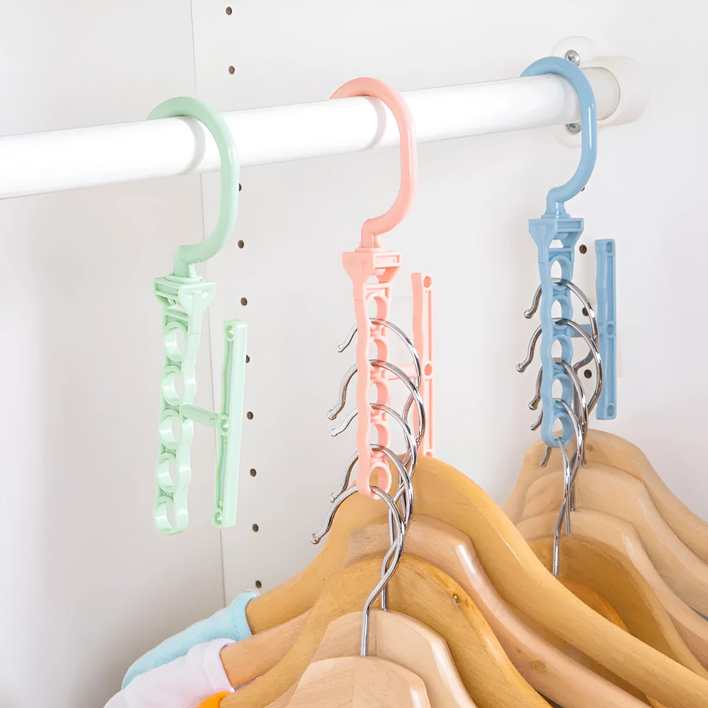 Blue rotating wardrobe hanger with five hooks and handle for clothing organisation