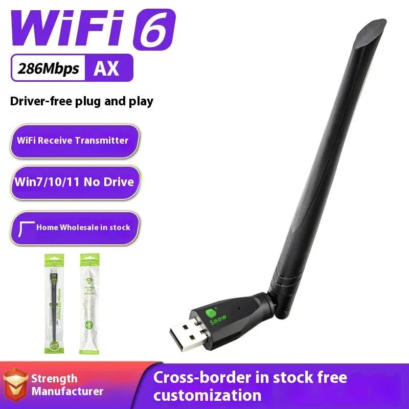 Black USB WiFi 6 wireless network card with instruction manual