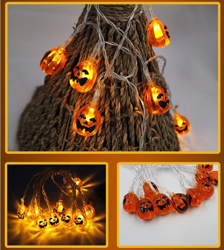Halloween decoration LED string lights with 10 LED heads including pumpkin, bat, and ghost pendants on a dark background