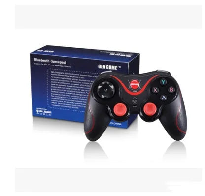 Black X3 wireless Bluetooth Android game controller with phone clip attached to smartphone