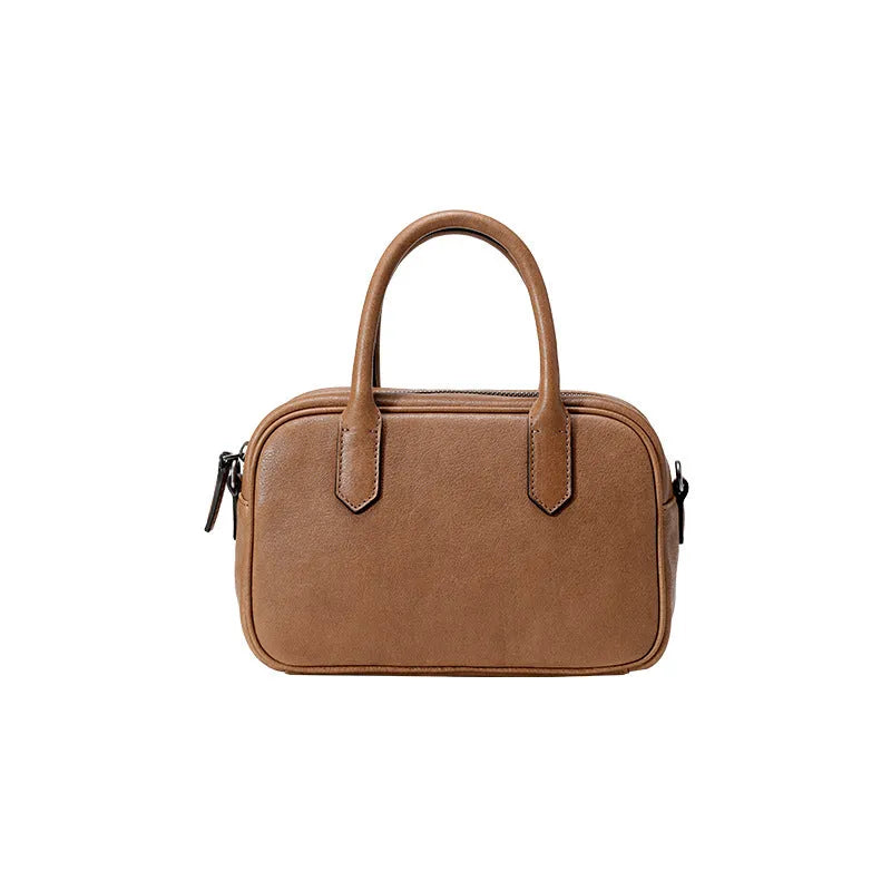 Genuine top grain leather crossbody handbag for women with horizontal square shape in black