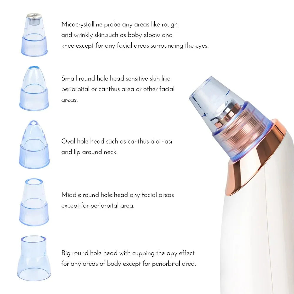 Handheld electric blackhead remover device in black with multiple nozzle attachments.