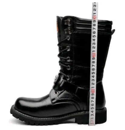 Black PU leather men's Martin boots with round toe and flat heel