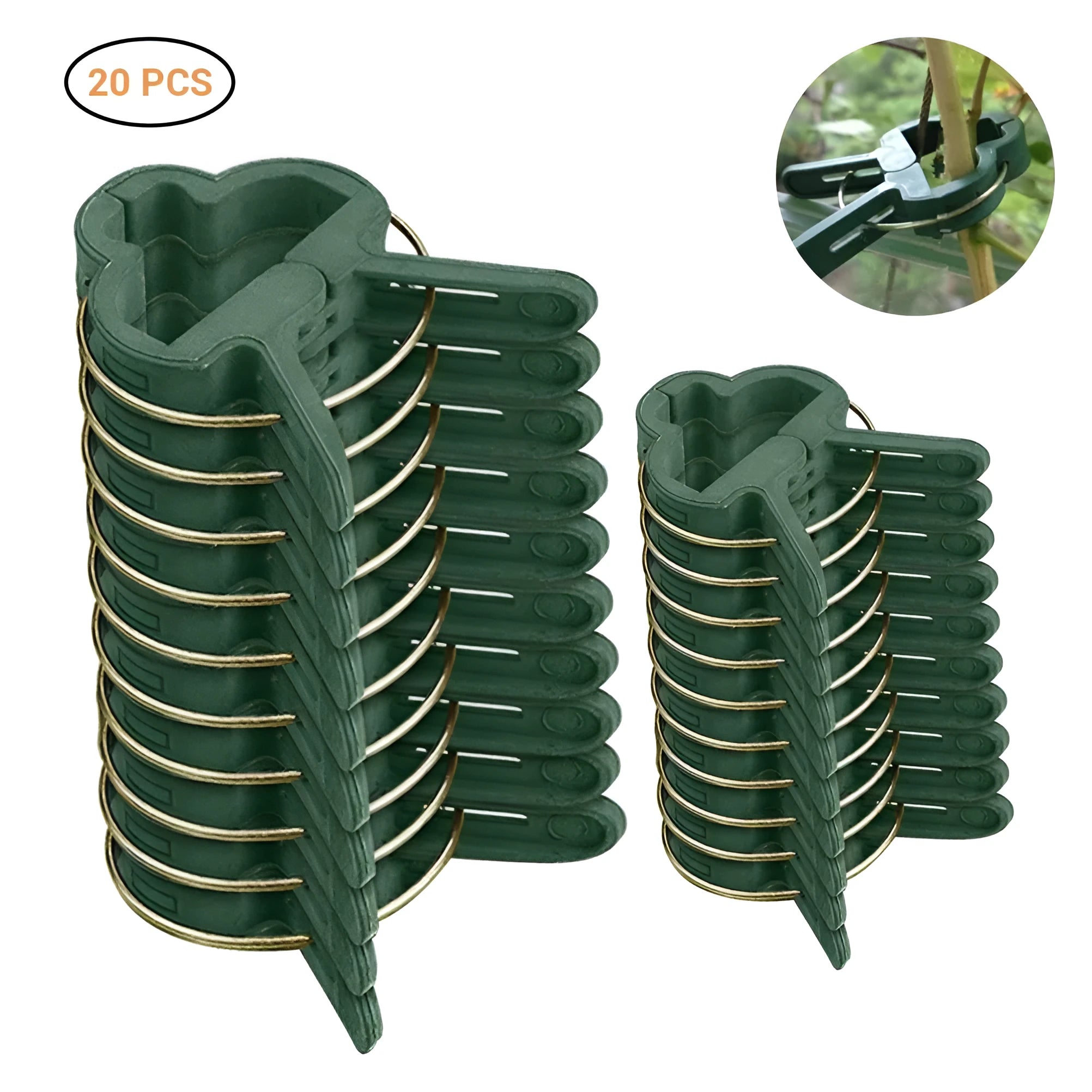 Green plastic and zinc plant support clips, showing large and small sizes for climbing plants.