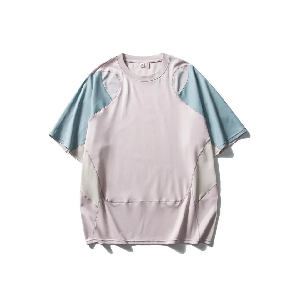 Men's loose grey and blue patchwork sports T-shirt with raglan sleeves on a hanger