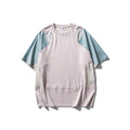 Men's loose grey and blue patchwork sports T-shirt with raglan sleeves on a hanger