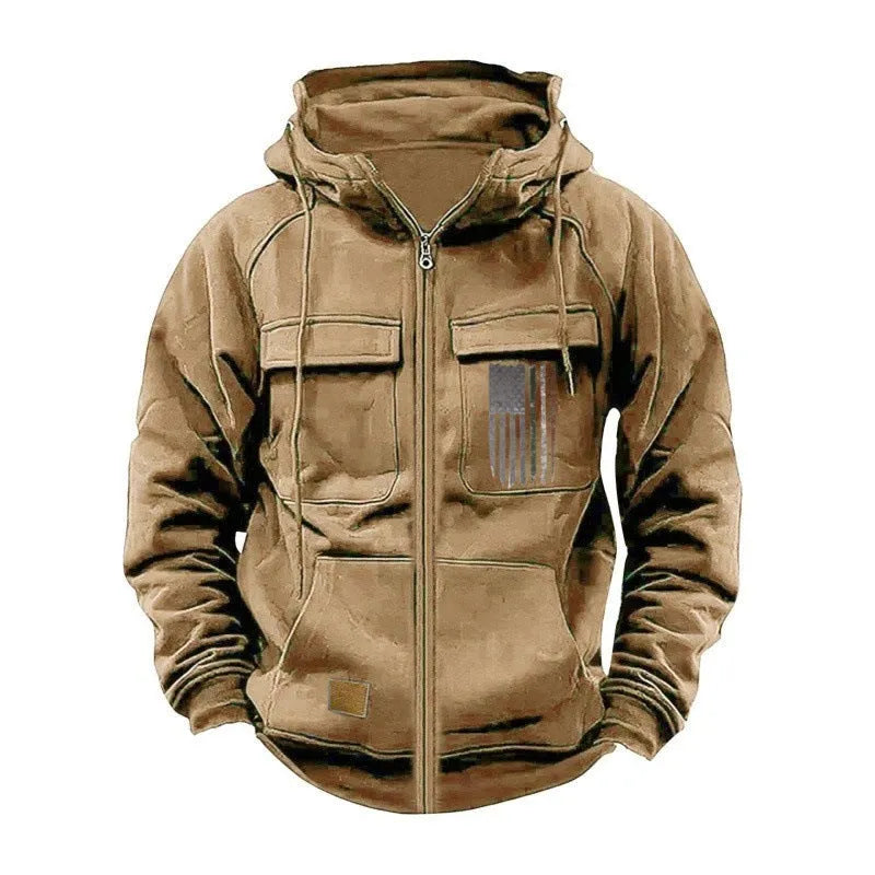 Men's loose fit hooded sweatshirt with zip, long sleeves, polyester fabric, available in multiple colours