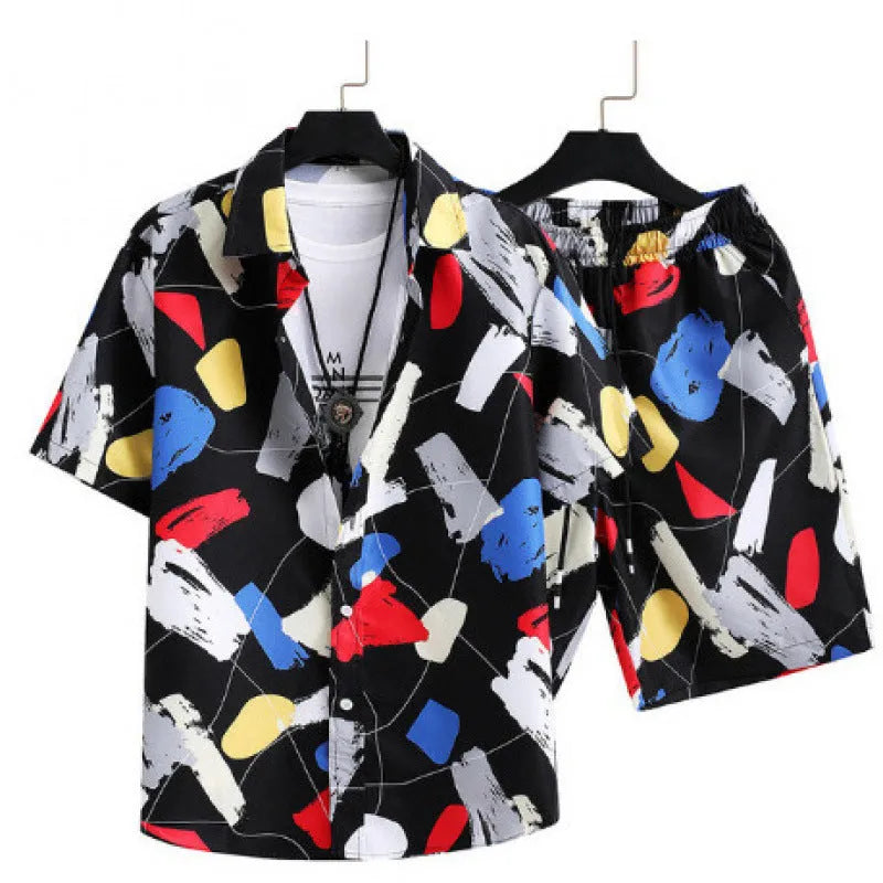Men's digital print casual suit featuring a short sleeve cardigan and matching elastic polyester shorts.