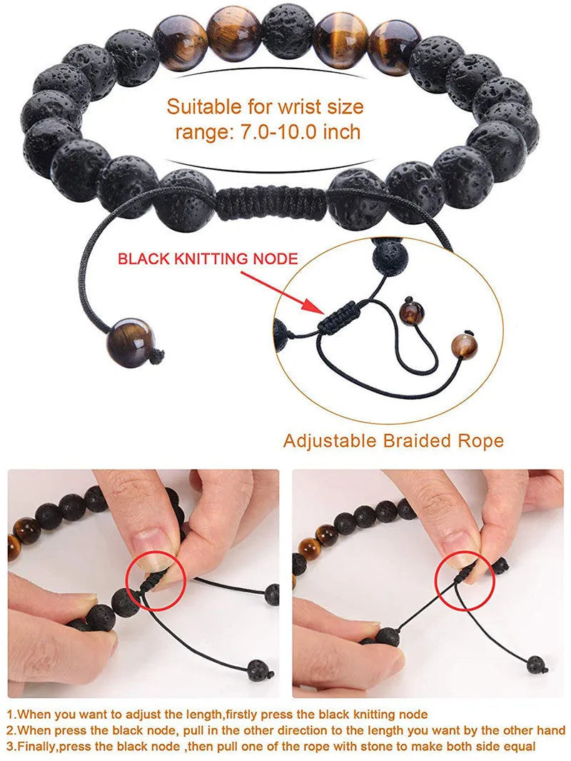 Matte black agate bead couple bracelets with a geometric design on a white background.