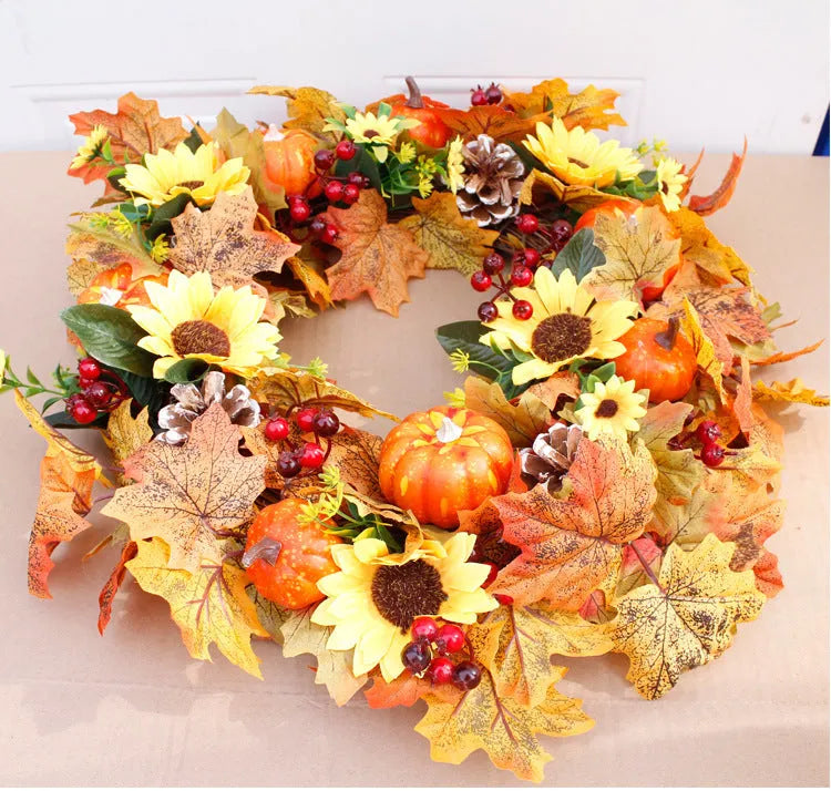 50cm autumn pumpkin wreath with fabric leaves, simulation pumpkins, berries and pine cones on a natural vine ring