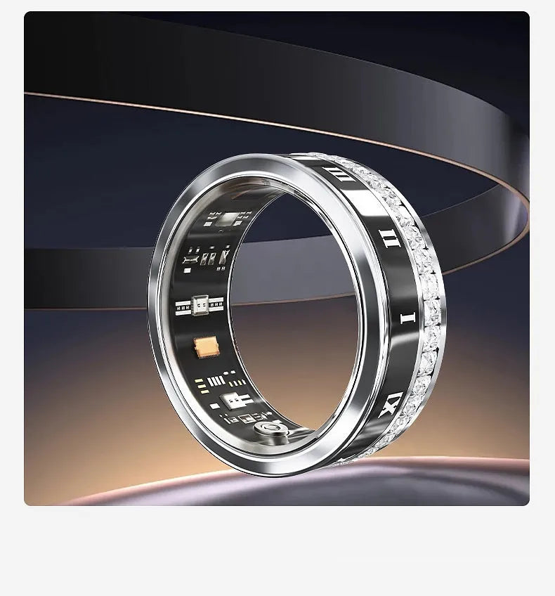 Polished silver smart ring with diamond inlay design on a finger, showing health tracking technology.