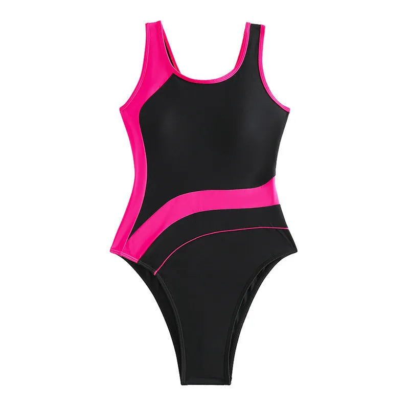Women's one-piece swimsuit in solid colour, high waist, sleeveless, nylon fabric, available in black, orange, pink, royal blue.