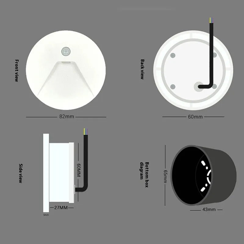 3W aluminium automatic human body induction step light, 82mm diameter, IP65, in matt black, frosted white, or frosted grey