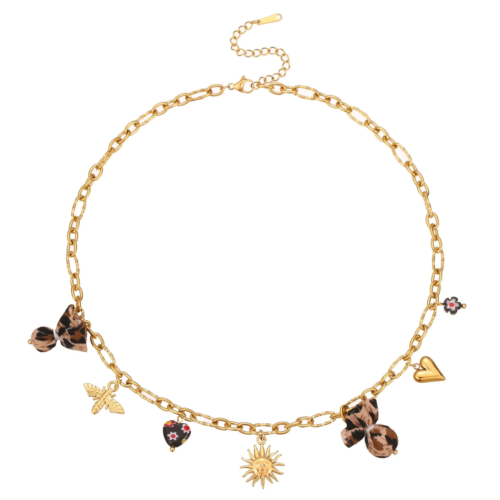 Stainless steel necklace with geometric leopard pendant featuring love heart flowers