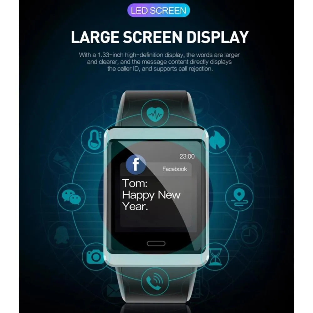 Super Screen smart watch in black with touch operation, health monitoring, motion tracking, 180mAh battery, and 5m to 10m wireless distance.