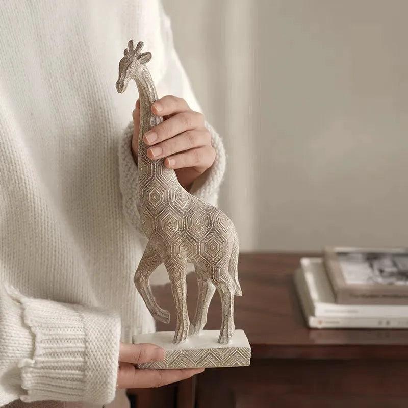 Wood colour European style synthetic resin giraffe decorative ornament on a white background.