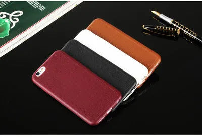 Leather phone case with TPU construction for iPhone, available in black, brown, navy blue and wine red.