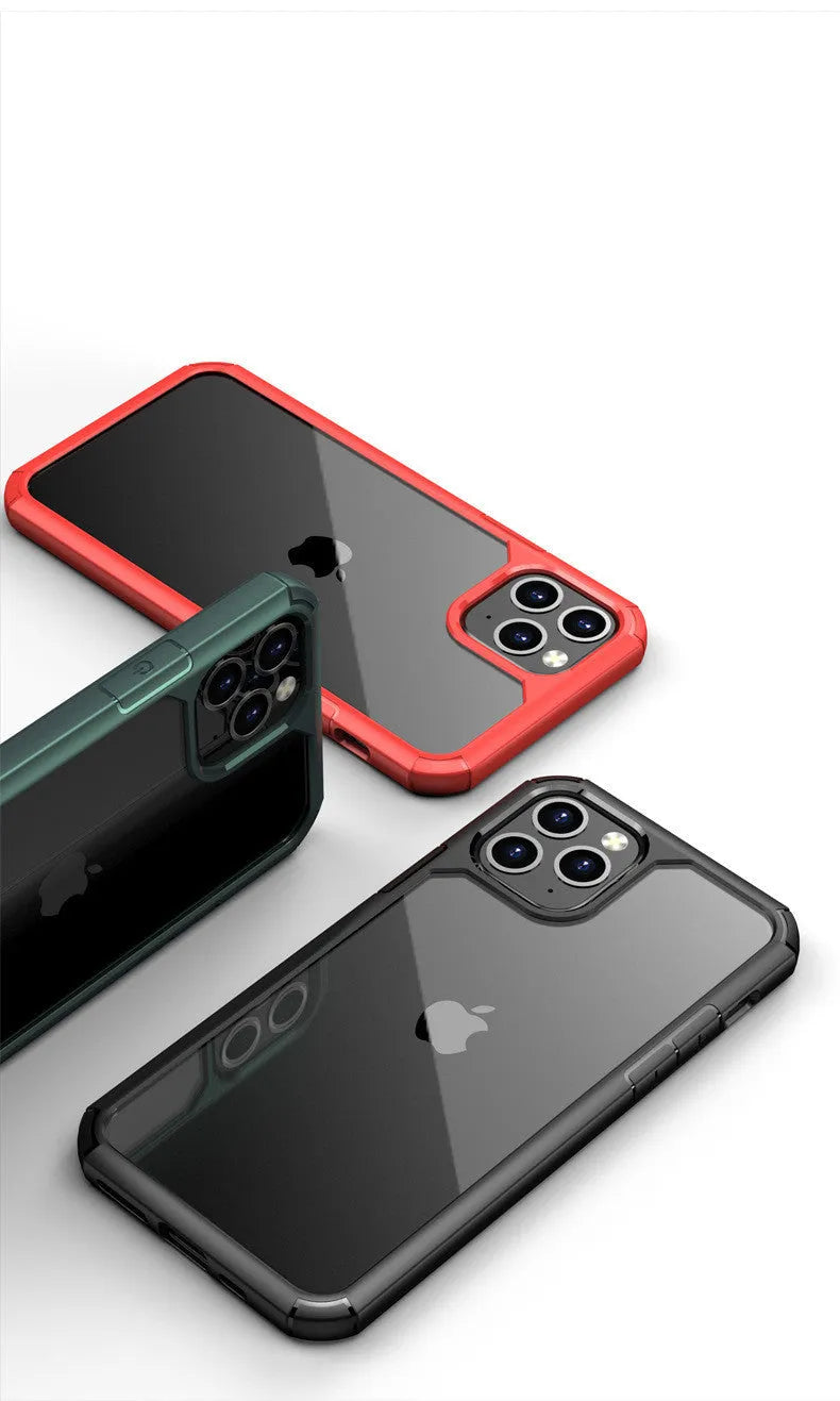 Transparent anti-fall phone case with TPU and hardened PC, hidden corners, available in red dark green black