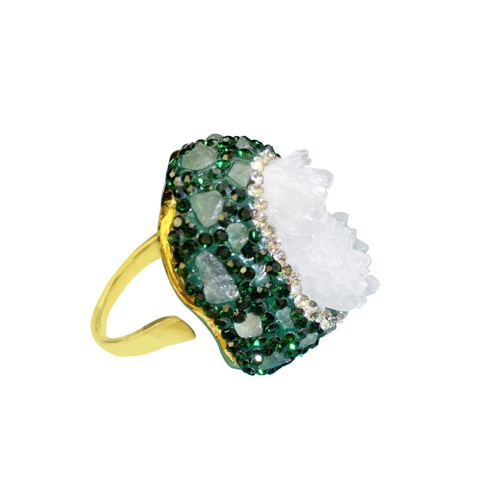 Dark green crystal bud open ring for women with copper band, geometric shape, electroplated finish, and diamond inlay.