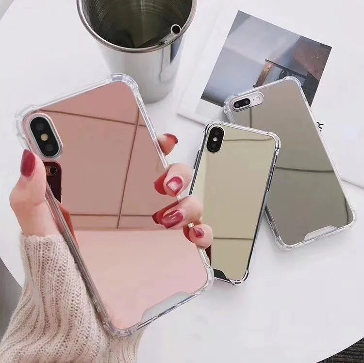 TPU mirror phone case for iPhone showing reflective back and soft protective edges