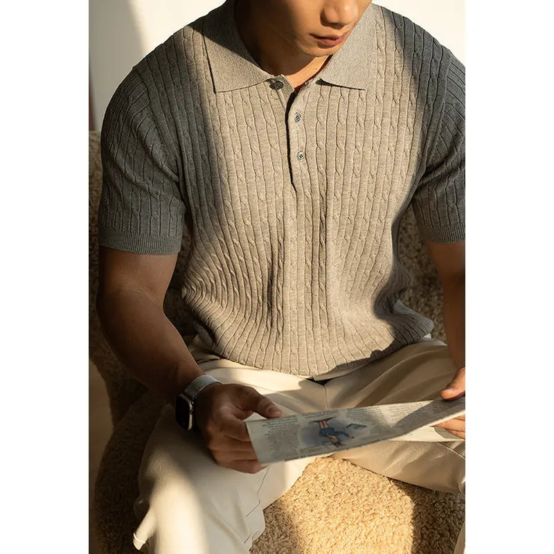 Men's short sleeve business top in khaki, black, and white with polyester wool blend fabric